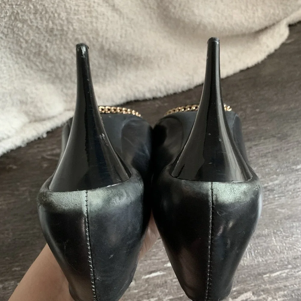 CHANEL Rare‎ Black Lambskin Camellia Stiletto Chain Heel Size 40